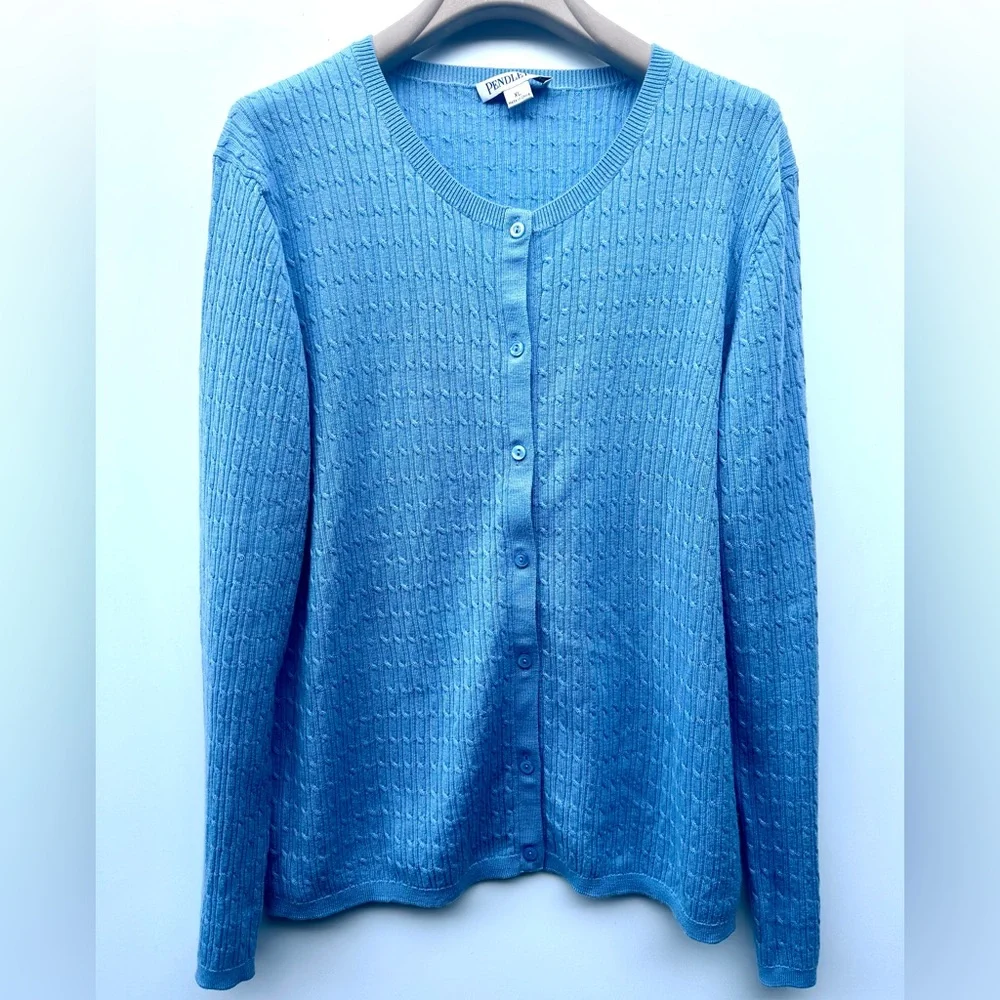 EUC Pendleton Merino Cable Knit Blue Textured Women's Cardigan Sweater, XL - Picture 1 of 12